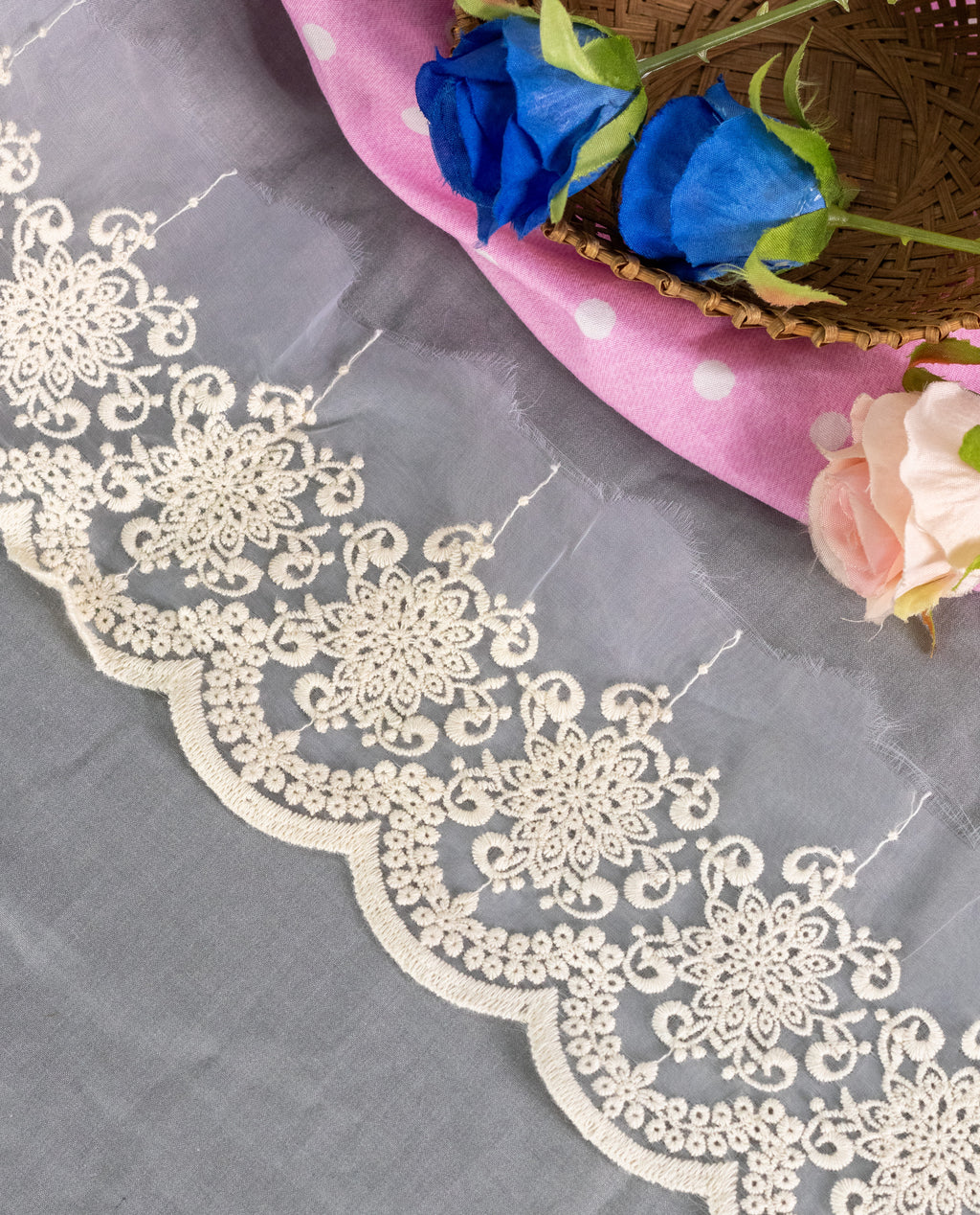 Organza Lace - Ivory Floral Cotton Thread Organza Lace Border (Width - 4 inch)