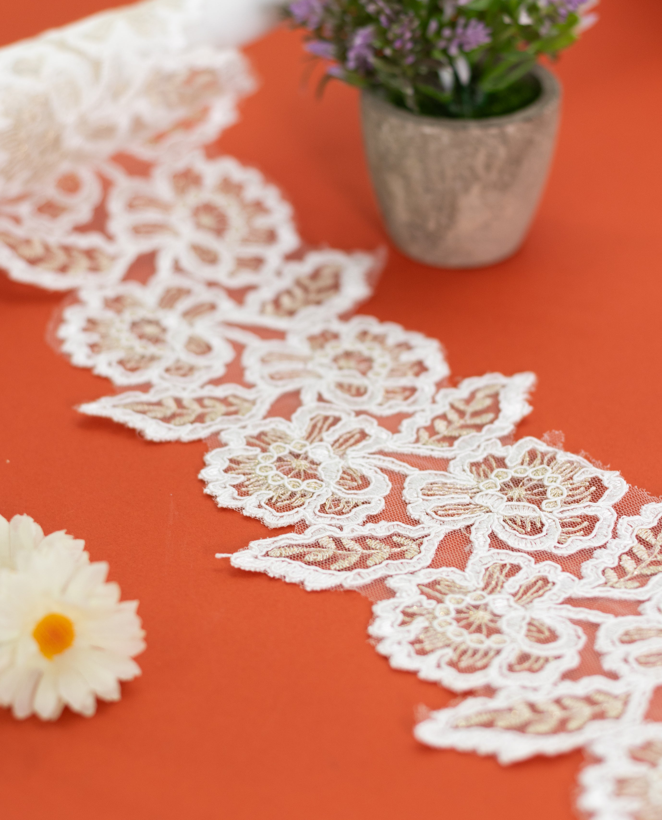 Net Lace - White/Black Cording lace with Gold Zari (Width - 5 inch)