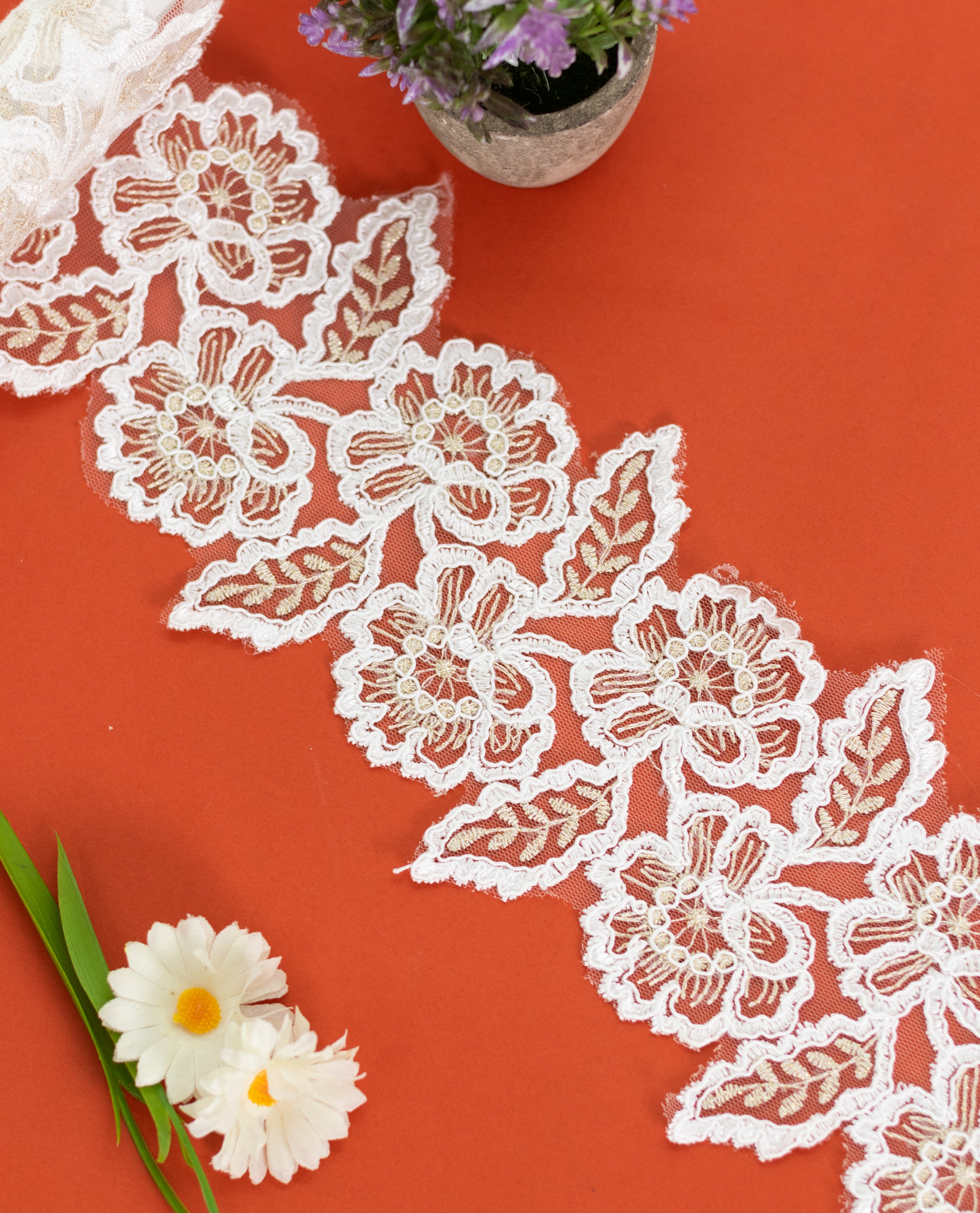 Net Lace - White/Black Cording lace with Gold Zari (Width - 5 inch)