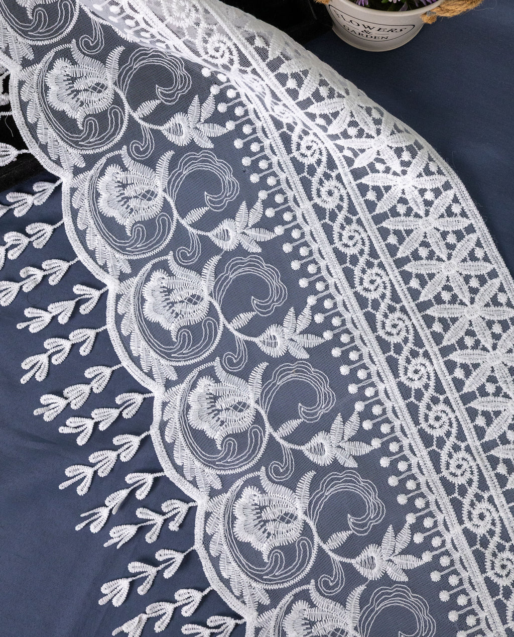 Net Lace - Broad Multi Design Pakistani Style net lace with Danglers (Width - 12 inch)