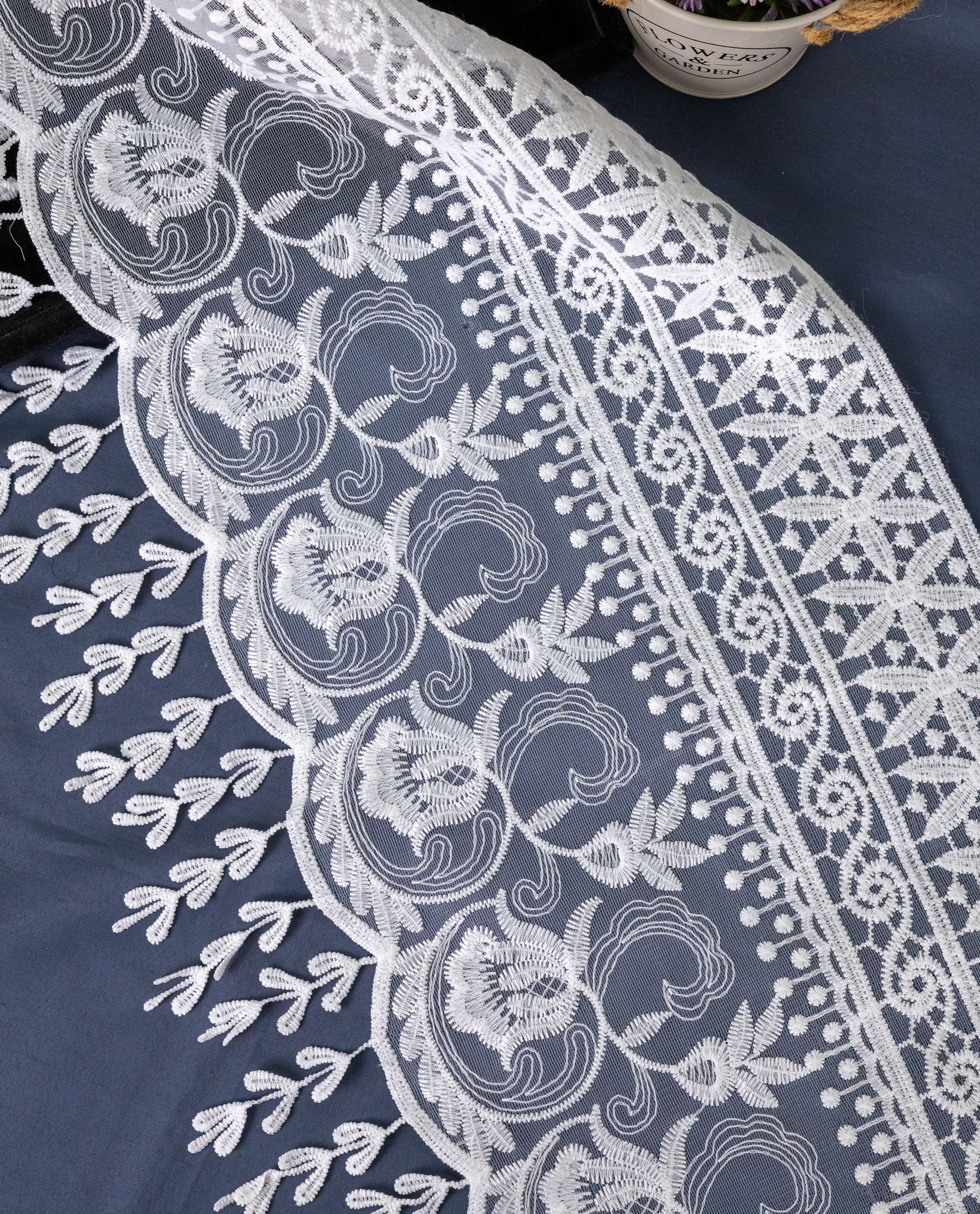 Net Lace - Broad Multi Design Pakistani Style net lace with Danglers (Width - 12 inch)