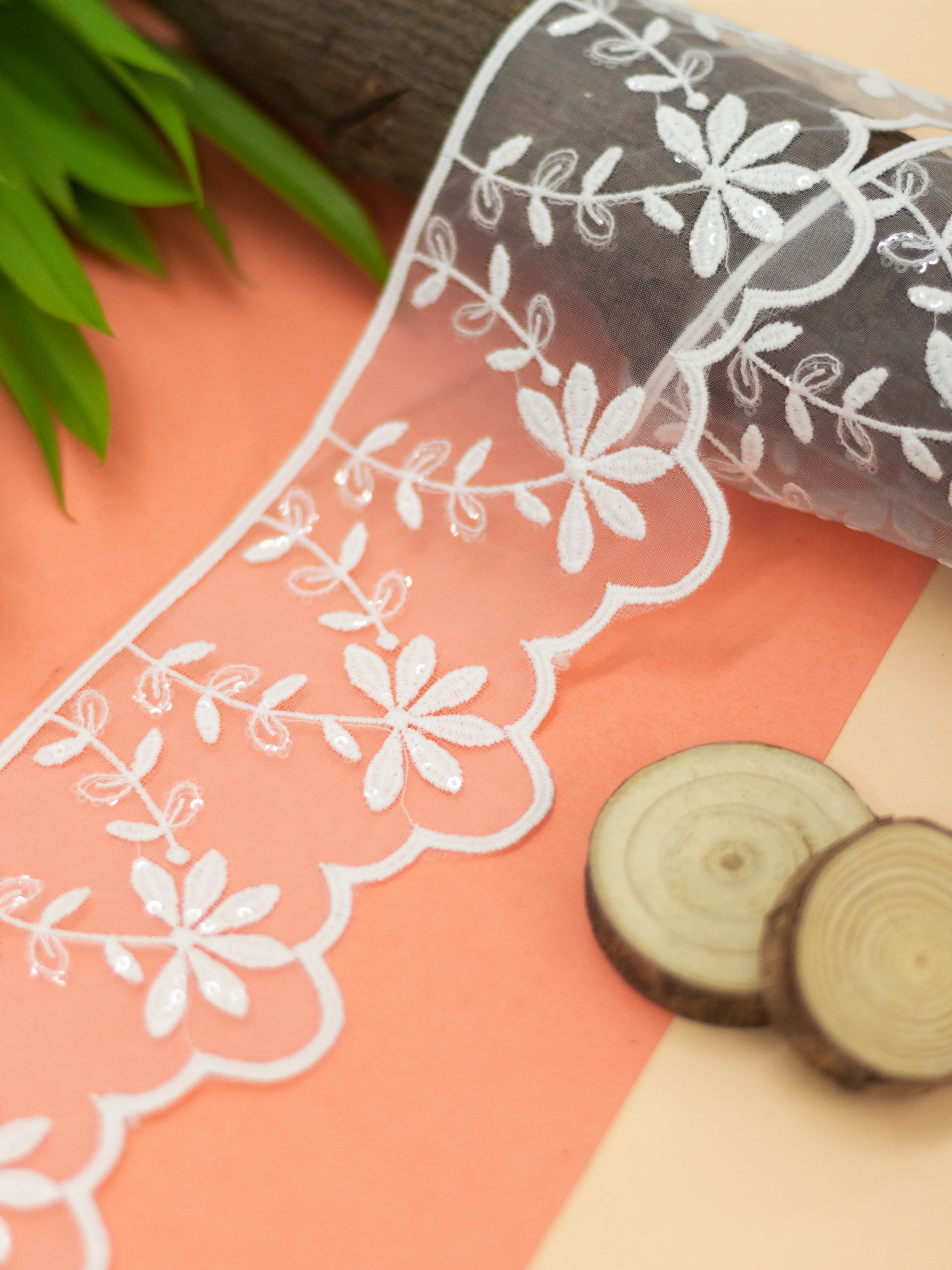 Organza Lace - Falling Leaves Organza lace  with sequins (Width - 3 inch)