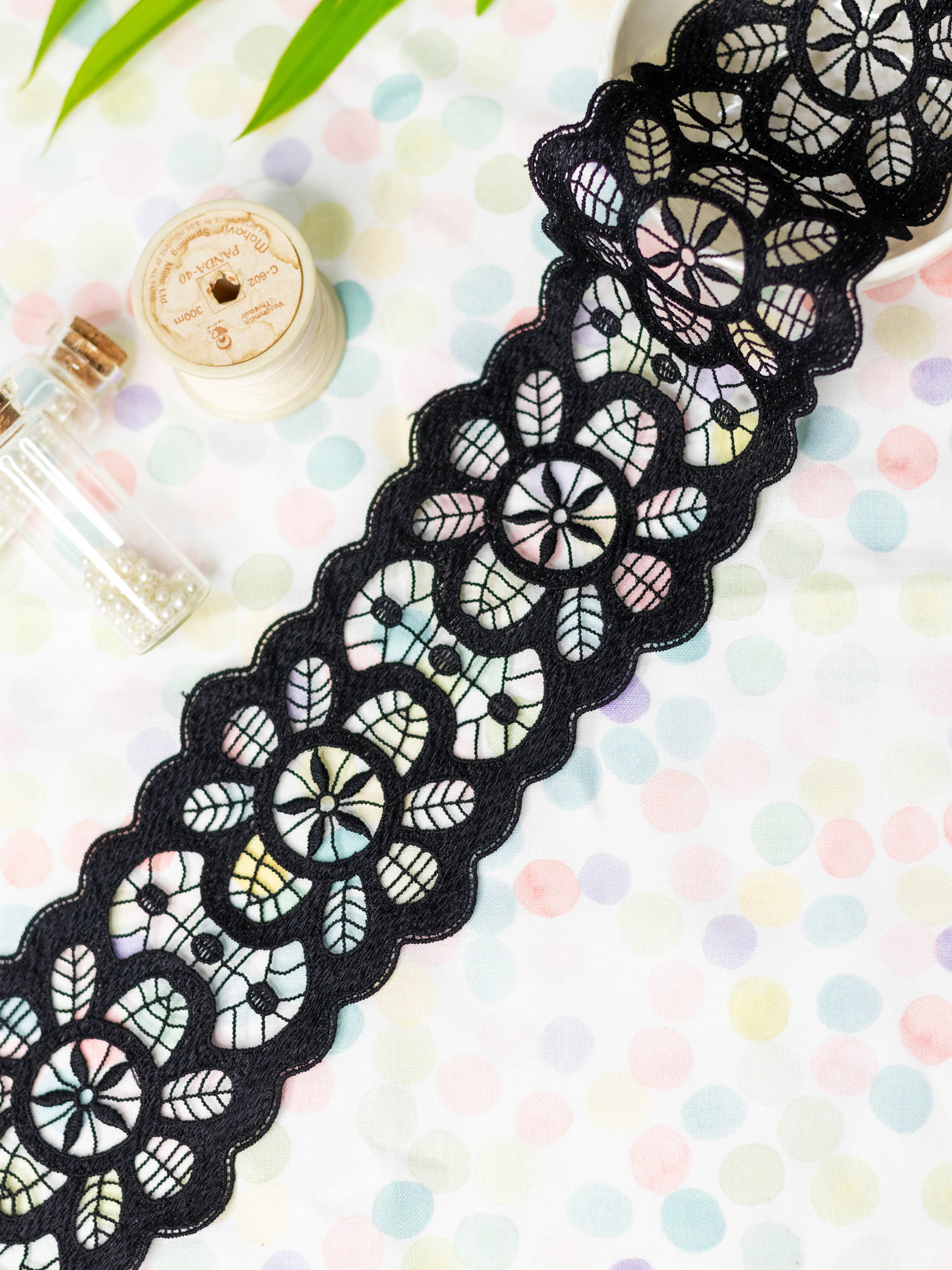 GPO Lace - Floral Cutwork Black Insertion Lace (Width - 3 inch)