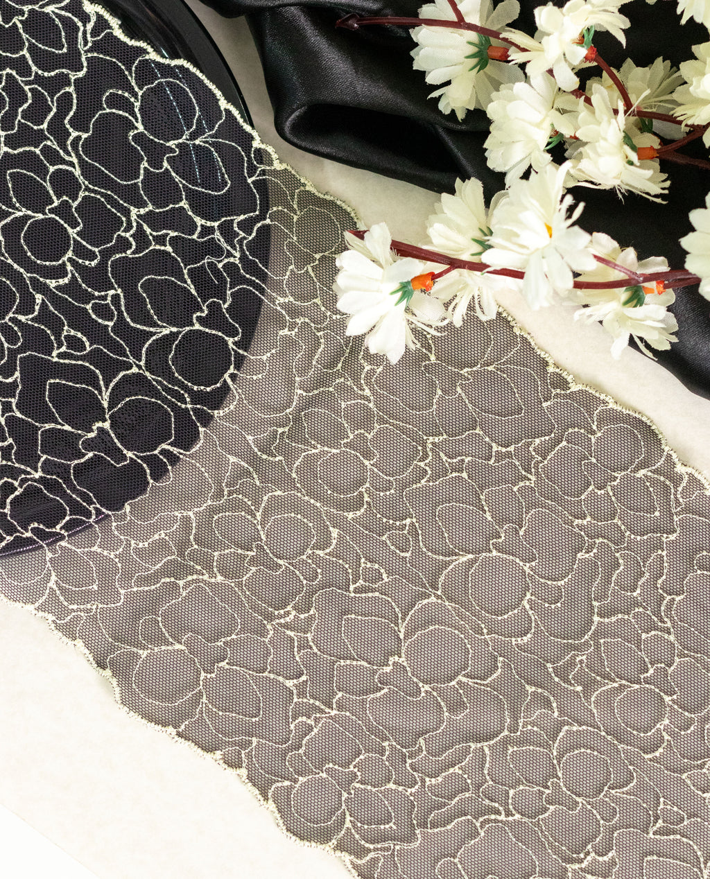 Net Lace - Off White Roses Embroidered on Black Net Lace (Width - 6 inch)