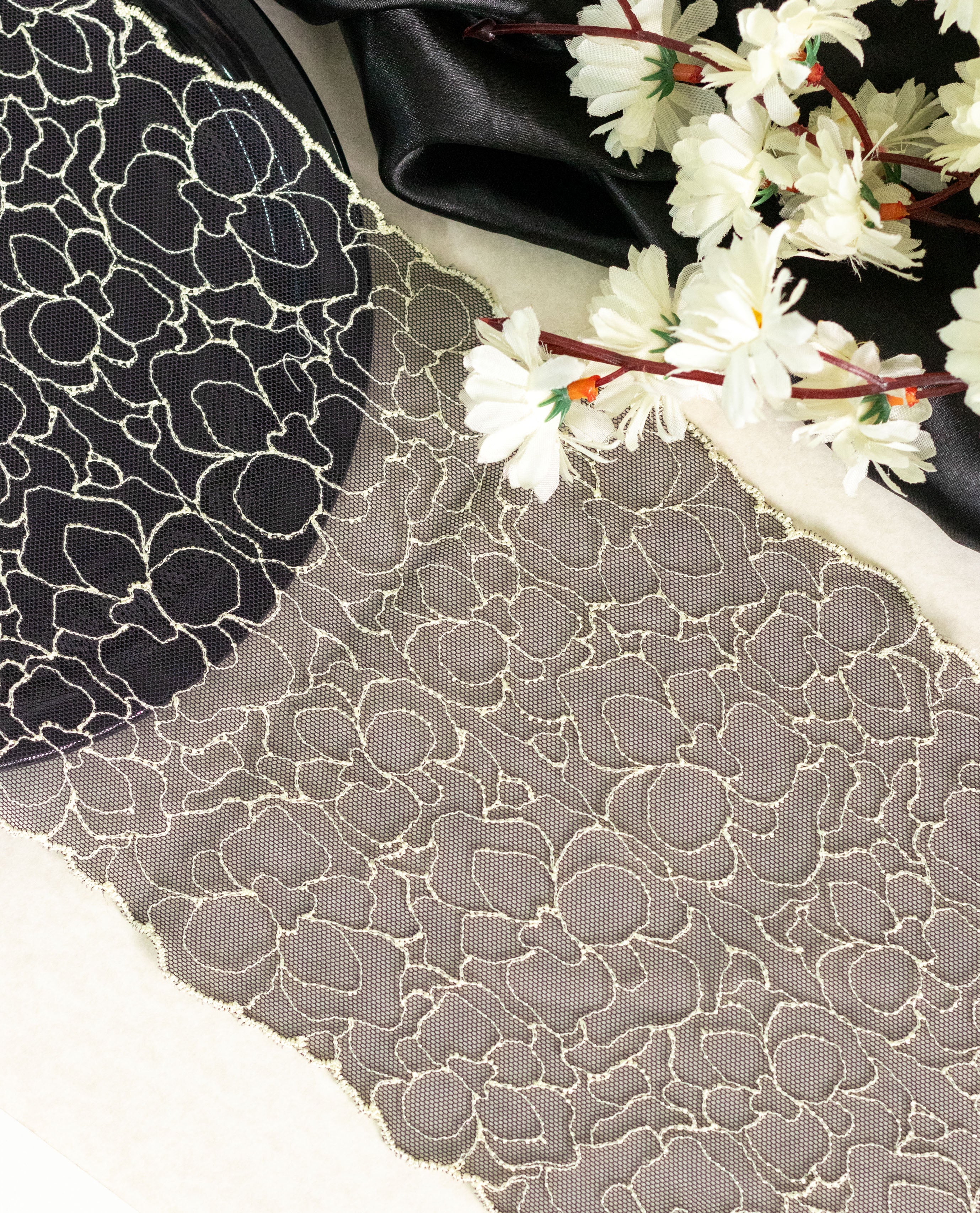 Net Lace - Off White Roses Embroidered on Black Net Lace (Width - 6 inch)