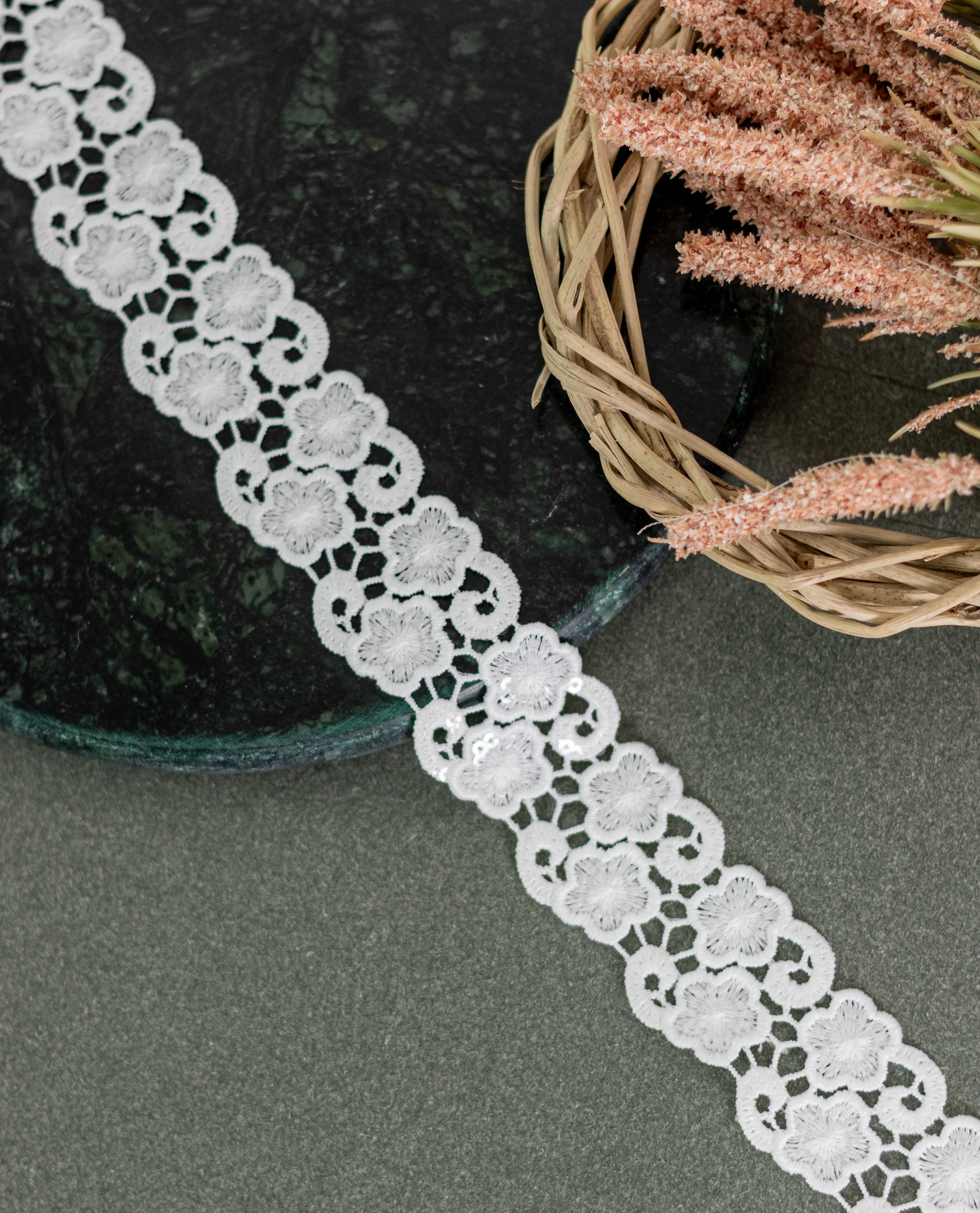 GPO Lace - Five-Petal Floral & Swirl Sequin Detailing (Width - 1.5 Inch)