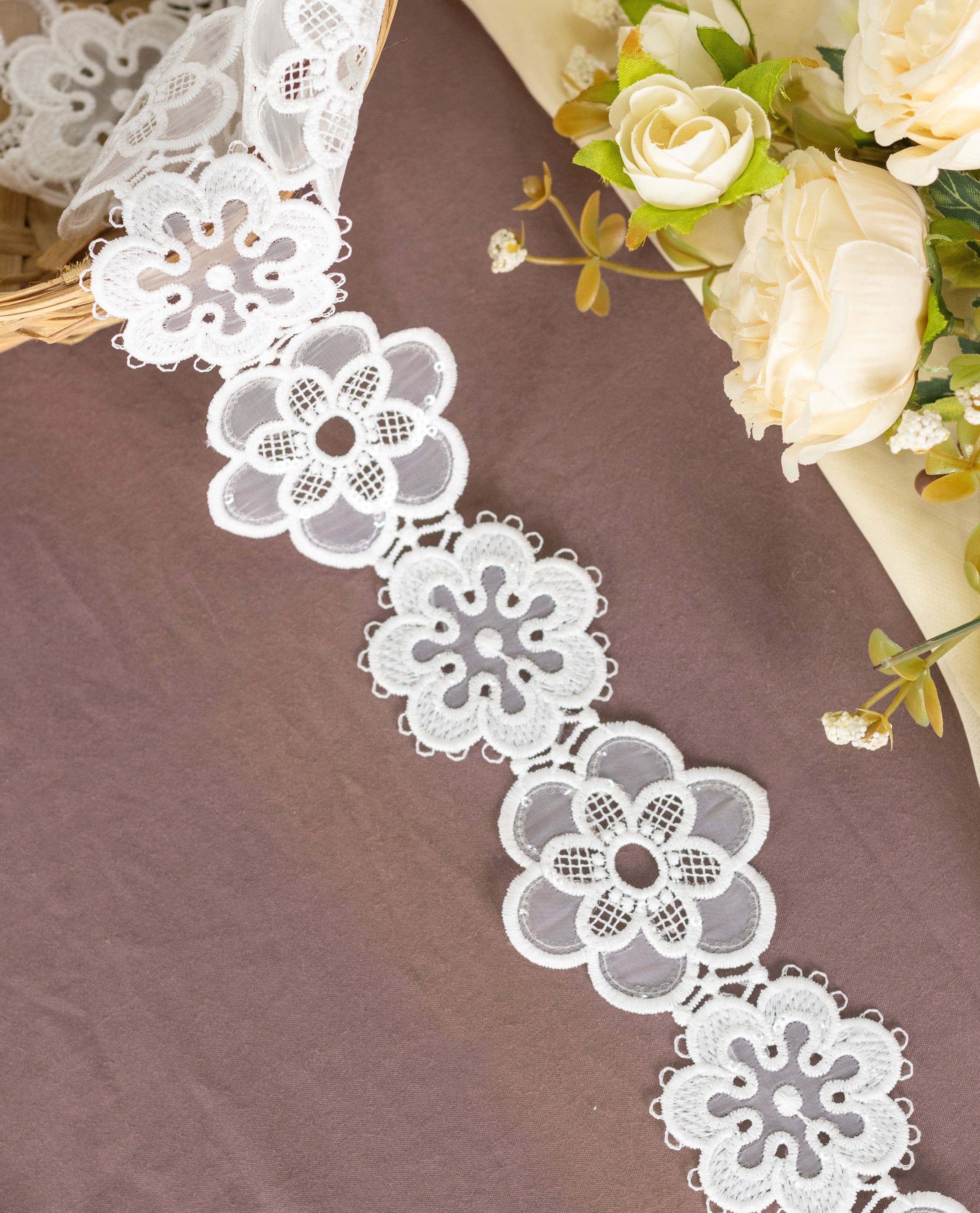 Organza Lace - Cutwork Organza flowers in series with sequins (Width - 2 inch)