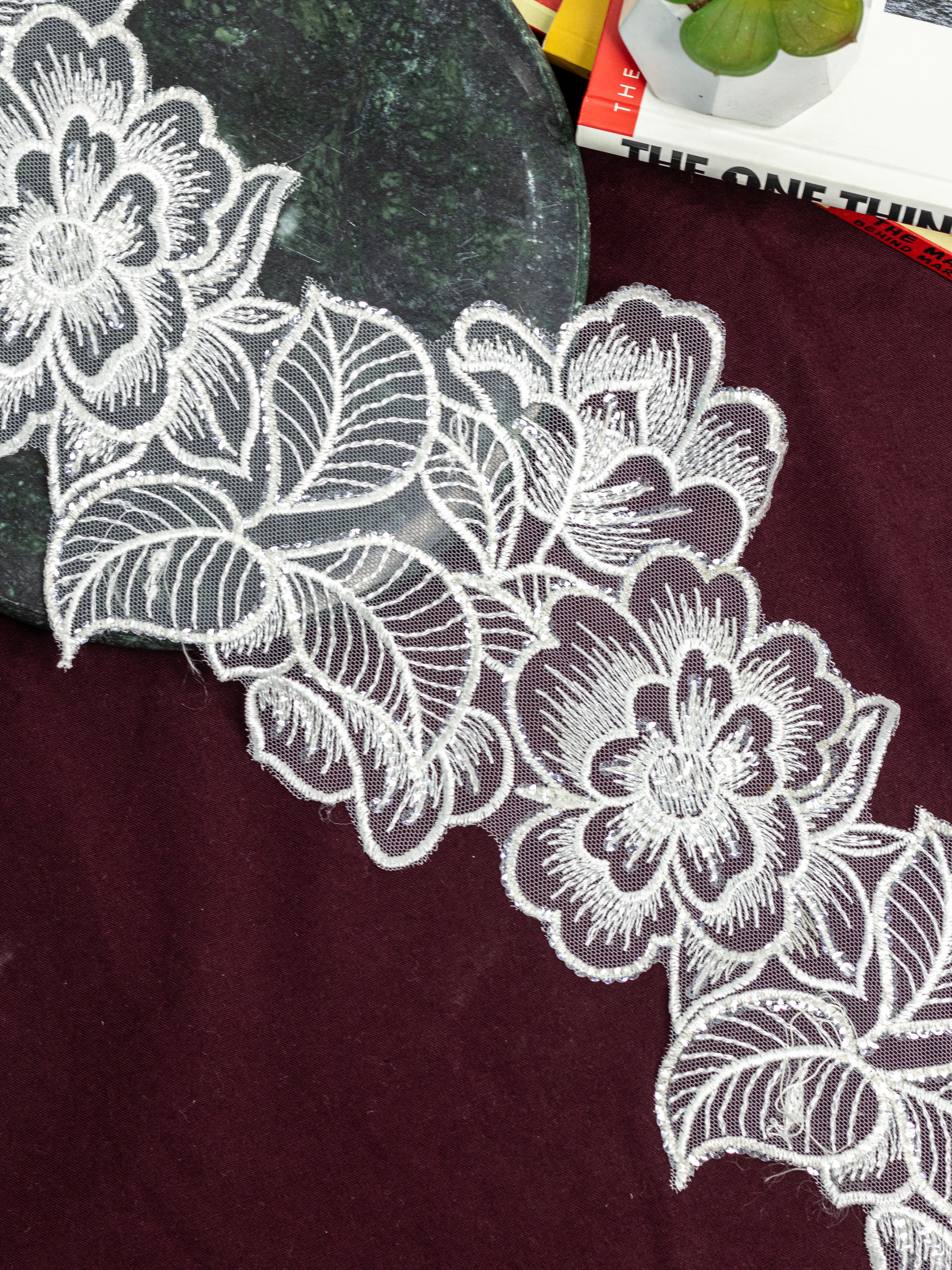 Net Lace - Floral Motifs Broad Lace with sequins (Width - 6 inch )