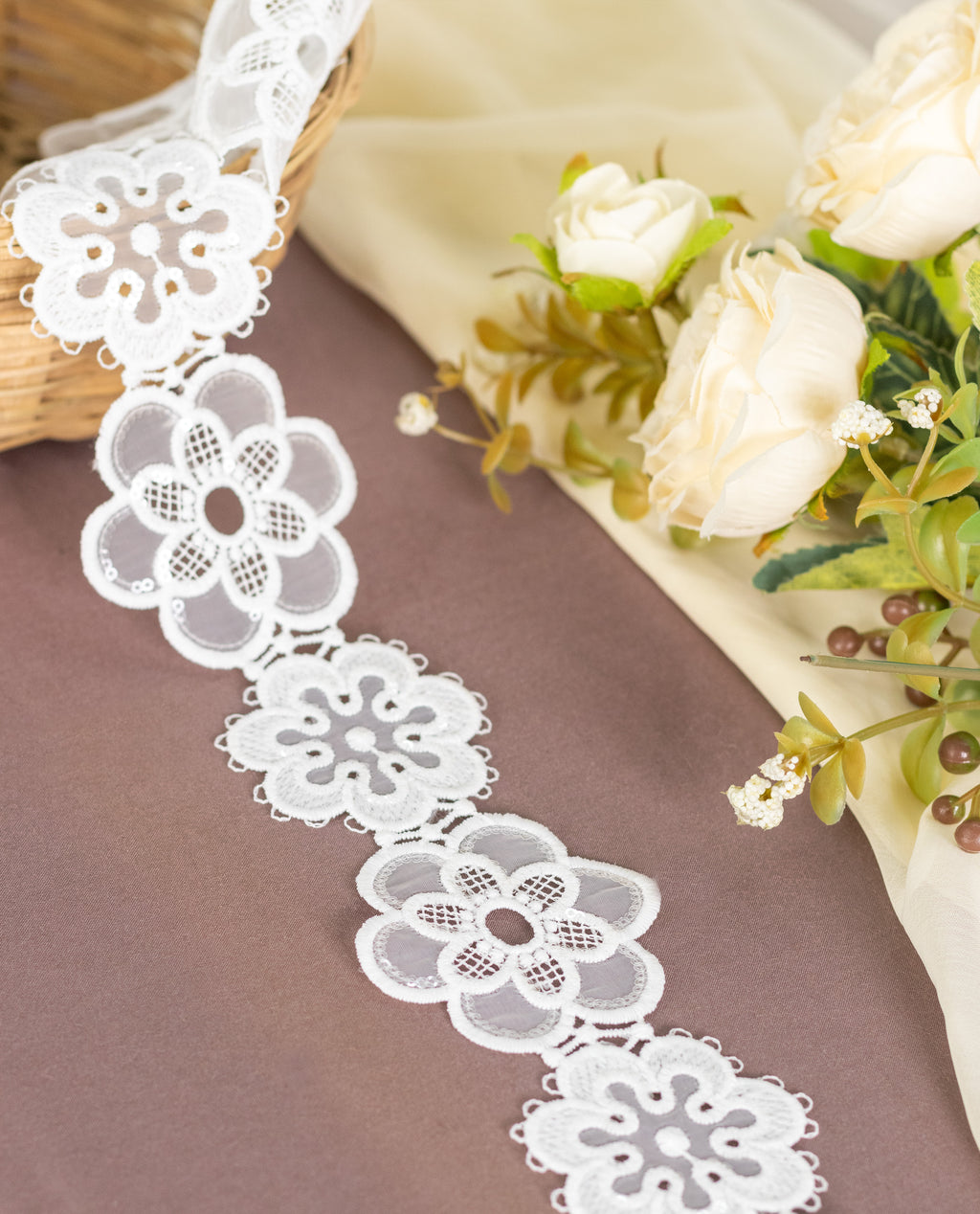 Organza Lace - Cutwork Organza flowers in series with sequins (Width - 2 inch)