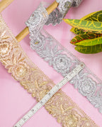 Gold Lace - Gold and Silver Zari Embroidered Roses (Width - 2 inch)