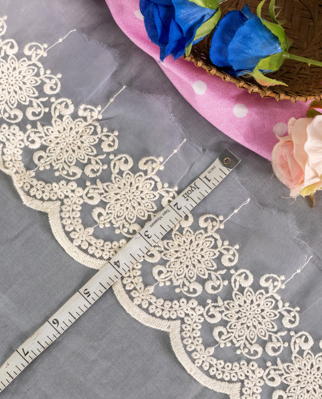 Organza Lace - Ivory Floral Cotton Thread Organza Lace Border (Width - 4 inch)