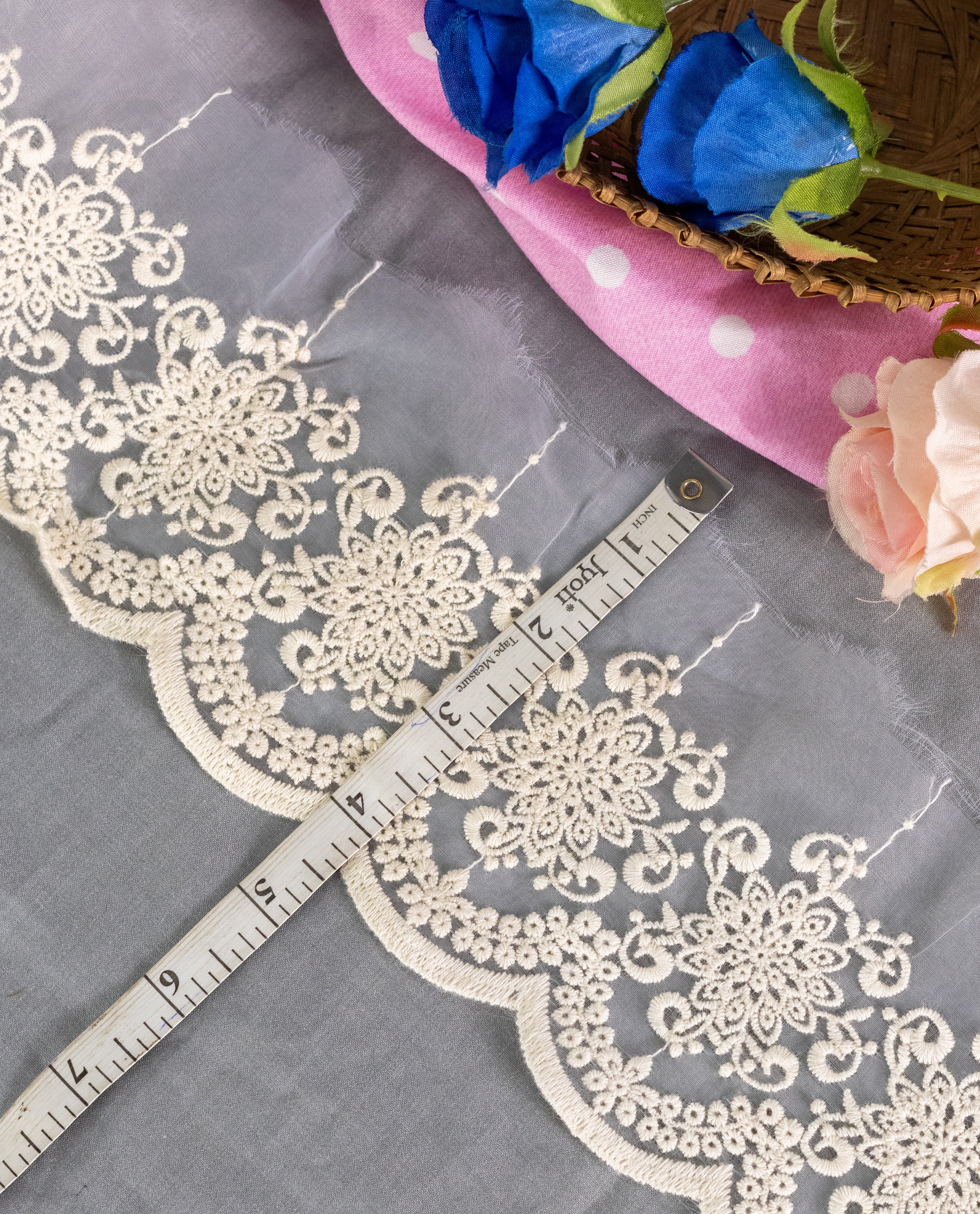 Organza Lace - Ivory Floral Cotton Thread Organza Lace Border (Width - 4 inch)