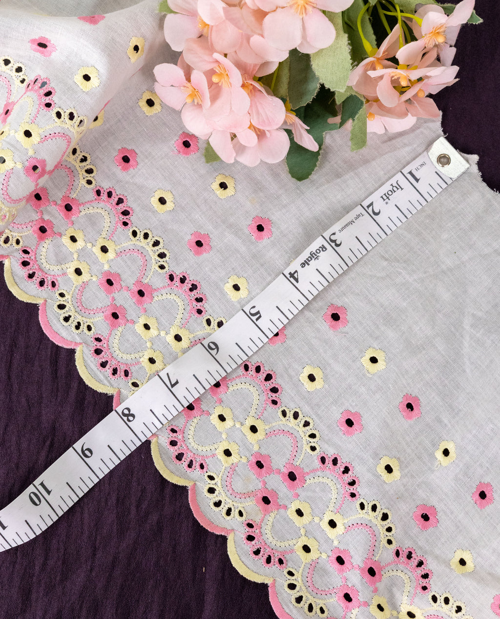 Cotton Lace - Pastel Multicolour Floral Cotton Hakoba Embroideered Scallop Lace  (Width - 8 inch)
