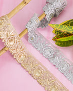 Gold Lace - Gold and Silver Zari Embroidered Roses (Width - 2 inch)