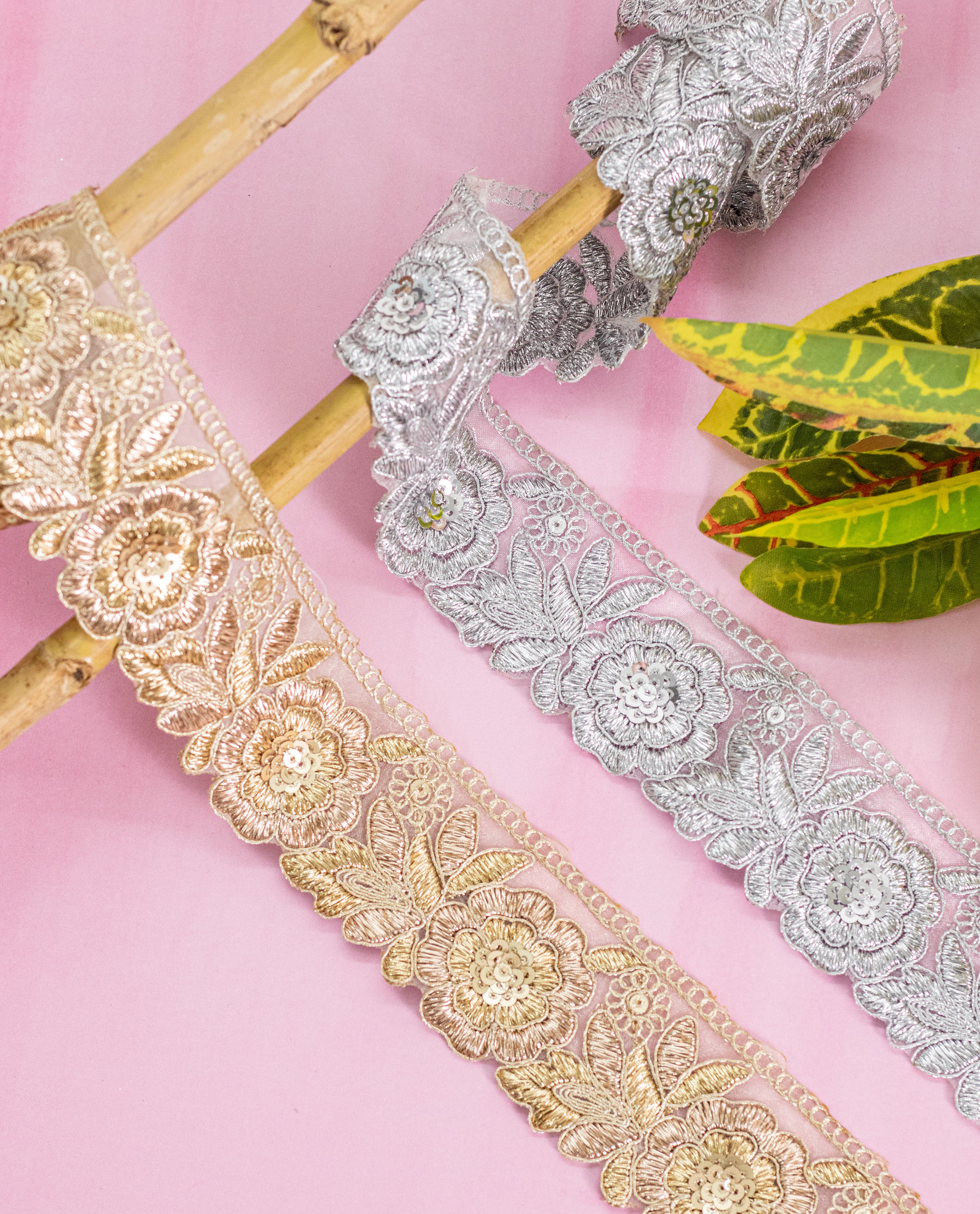 Gold Lace - Gold and Silver Zari Embroidered Roses (Width - 2 inch)