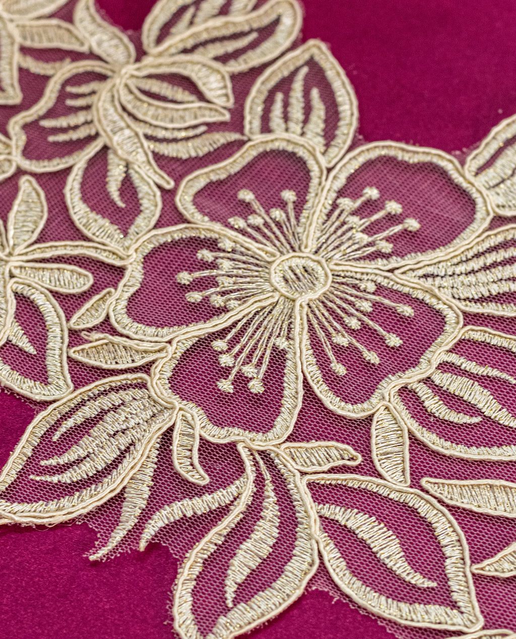 Gold Lace - Dull Gold Floral Embroidered Net Lace Border (Width -
