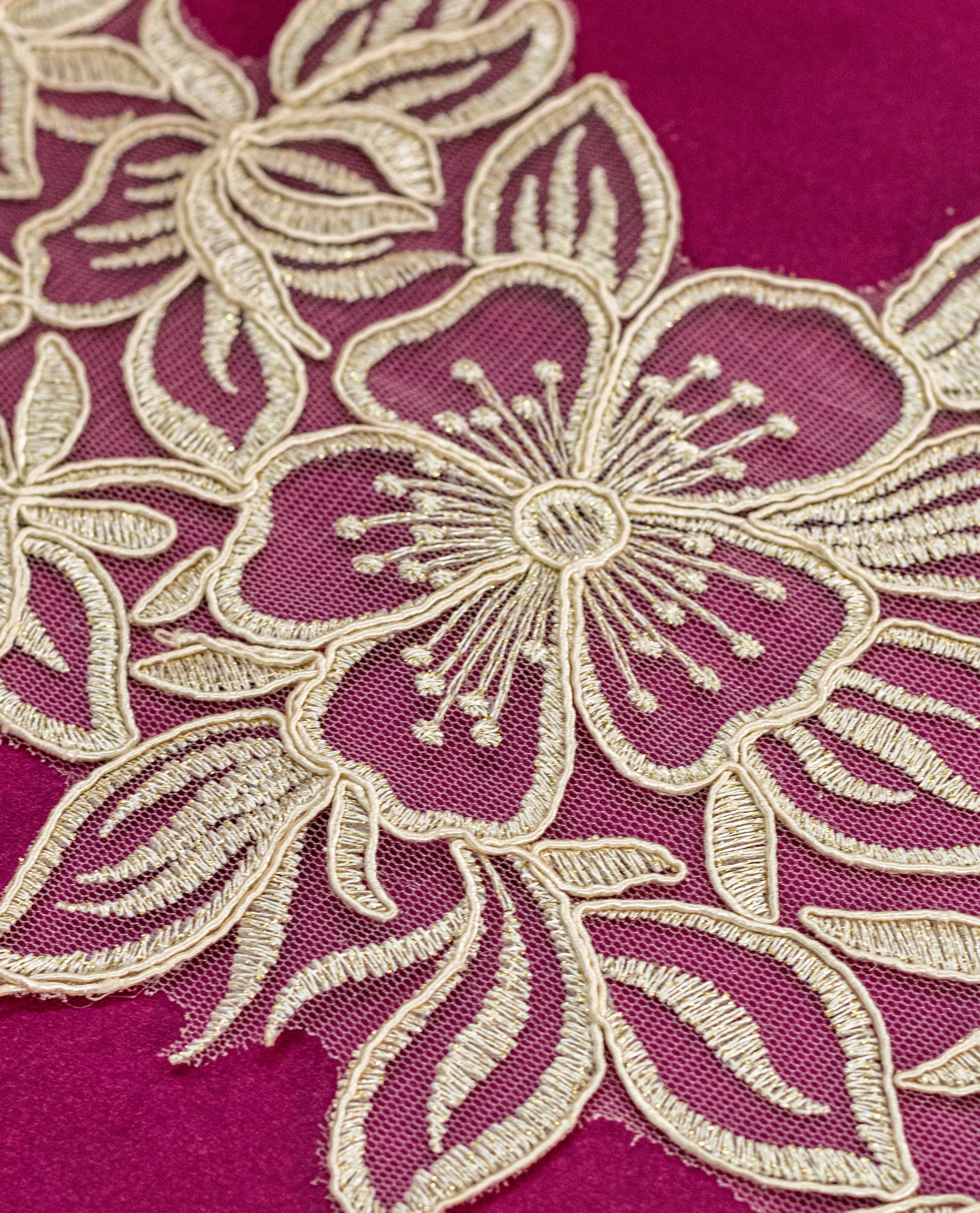 Gold Lace - Dull Gold Floral Embroidered Net Lace Border (Width -