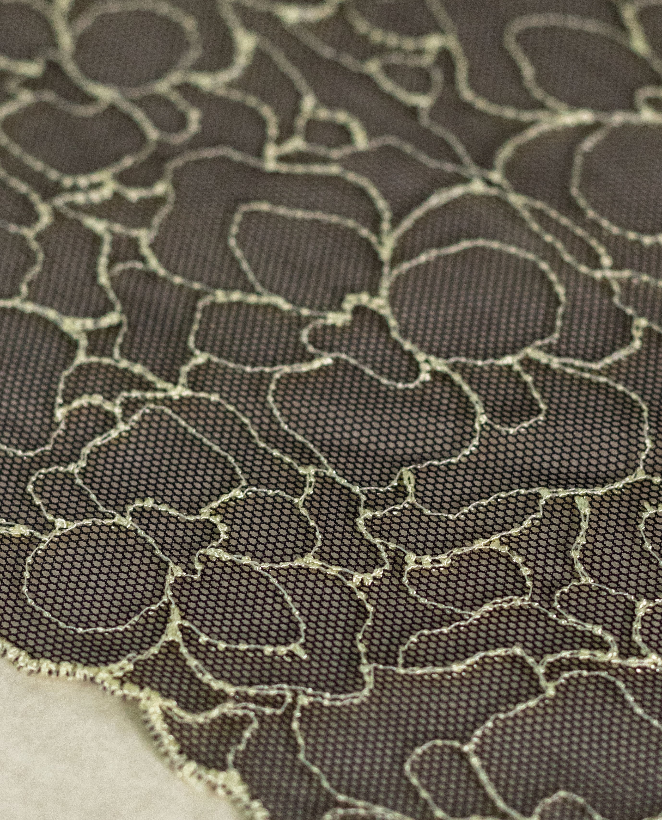 Net Lace - Off White Roses Embroidered on Black Net Lace (Width - 6 inch)