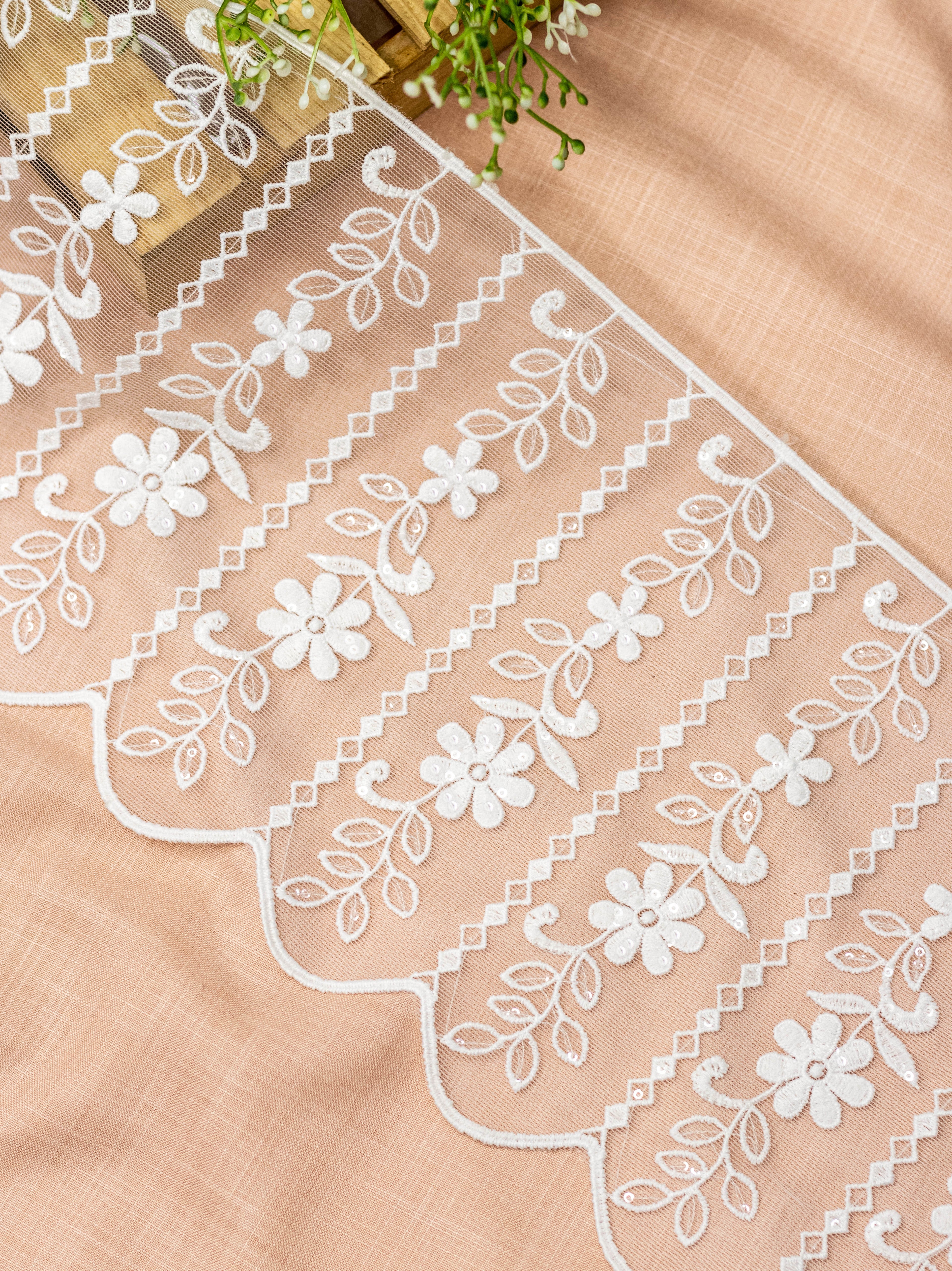 Net Lace - Vertical lines Embroidered net lace with sequins (Width - 7 inch)
