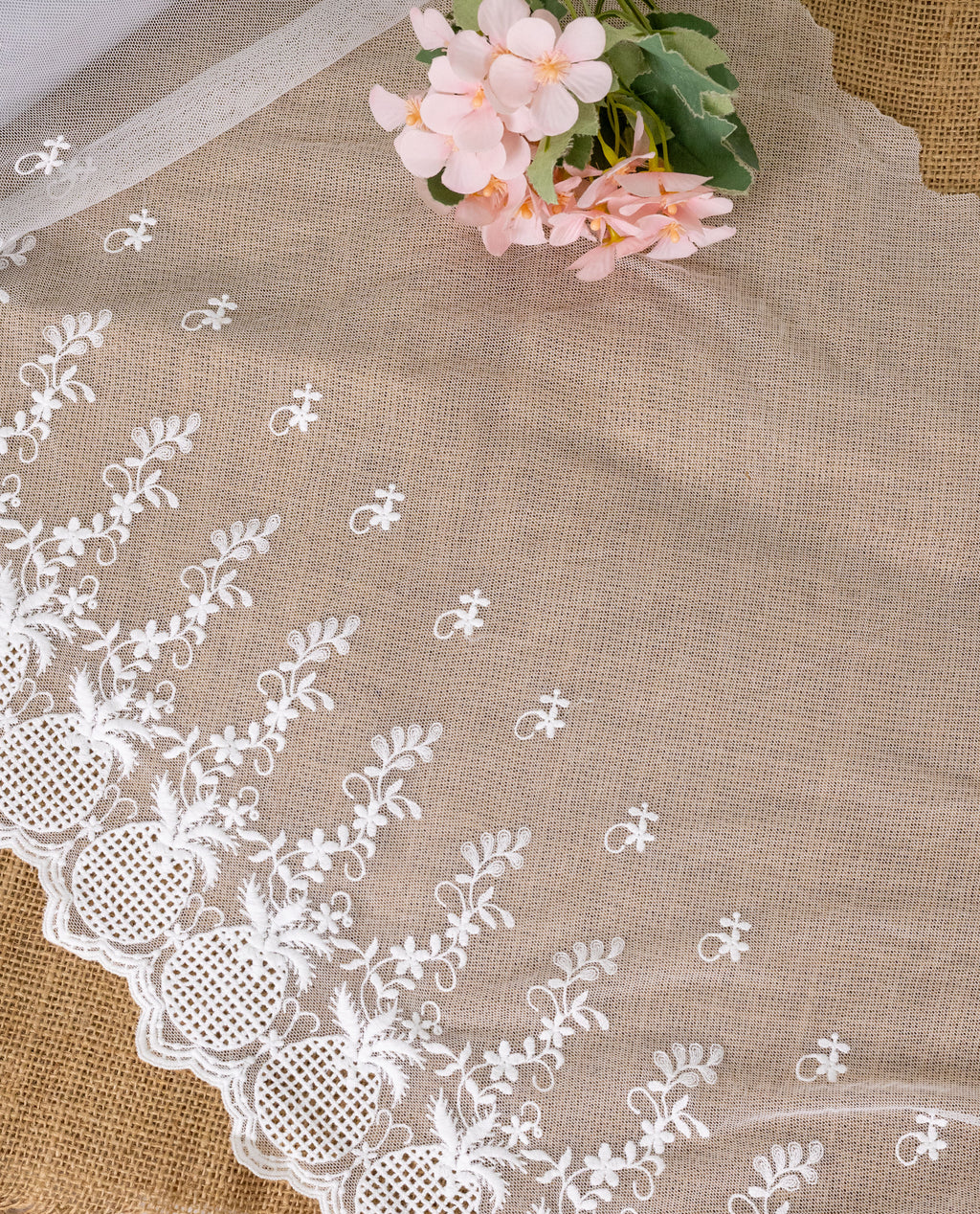 Net Lace - Elegant White Floral Net Embroidered Scallop Lace Fabric(Width - 17 inch)