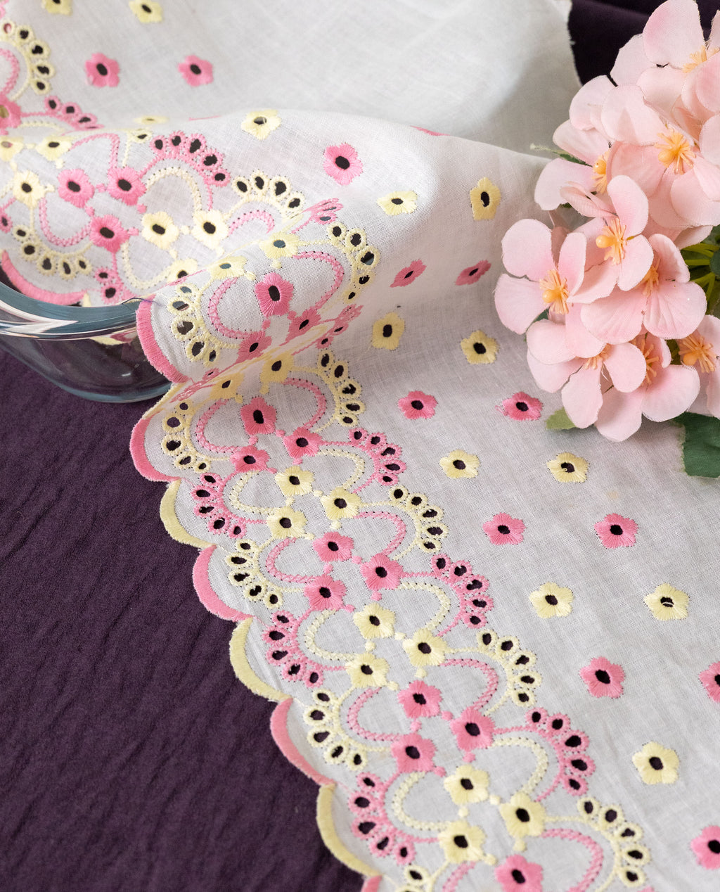 Cotton Lace - Pastel Multicolour Floral Cotton Hakoba Embroideered Scallop Lace  (Width - 8 inch)