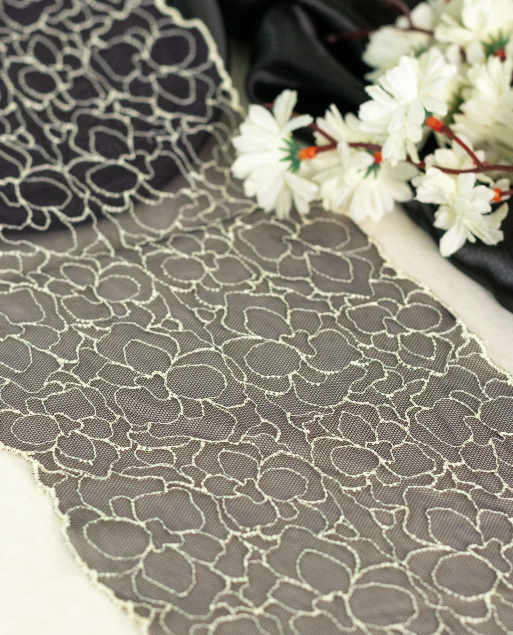 Net Lace - Off White Roses Embroidered on Black Net Lace (Width - 6 inch)