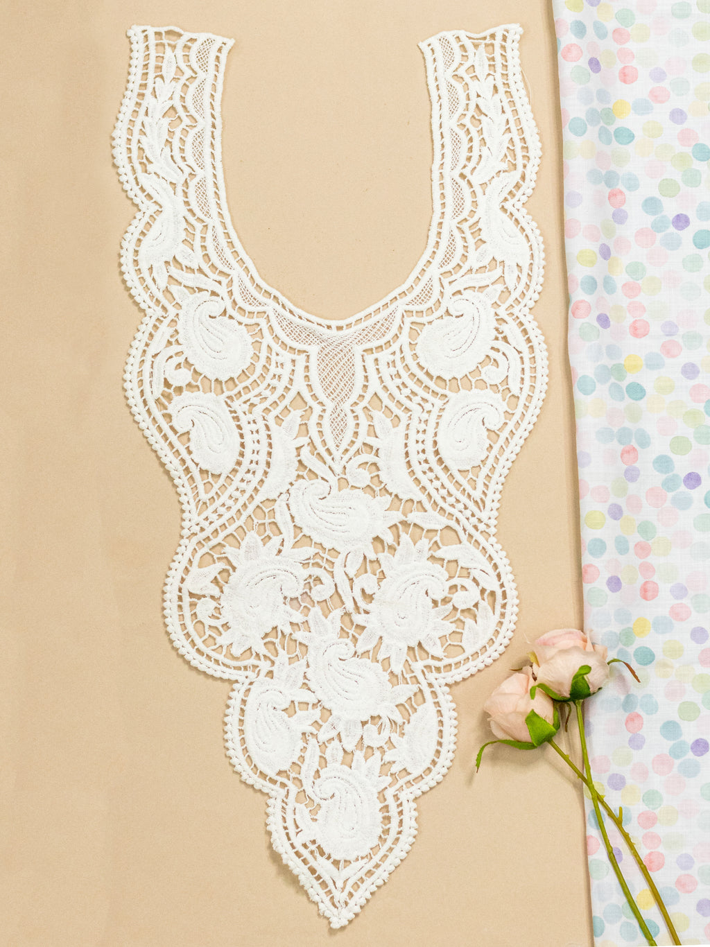 Ivory Heavy Embroidered Kurti Front Neck Panel with Paisley Thread Work