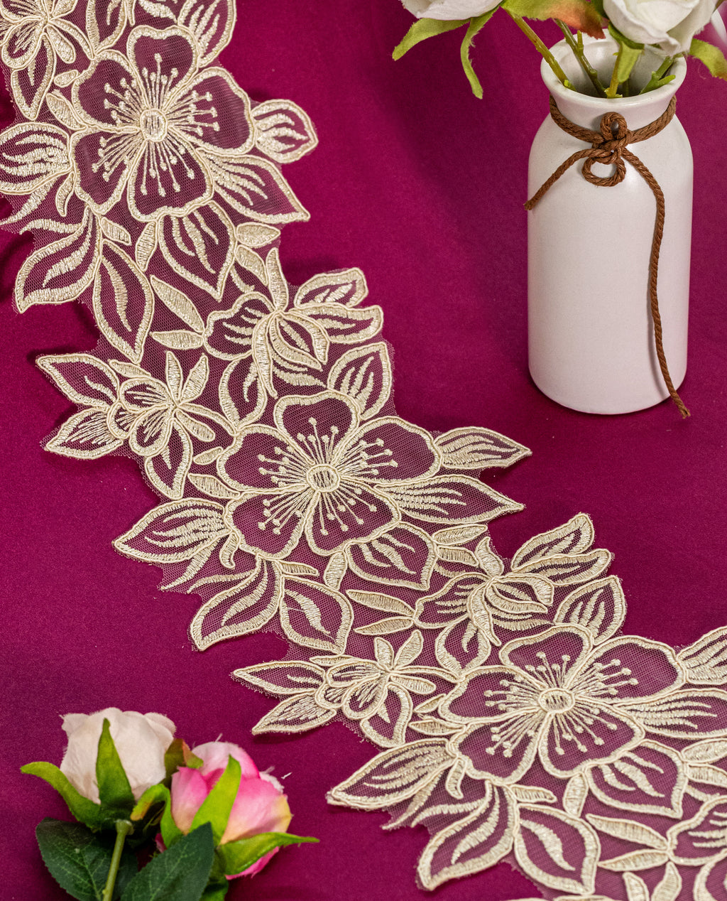 Gold Lace - Dull Gold Floral Embroidered Net Lace Border (Width -