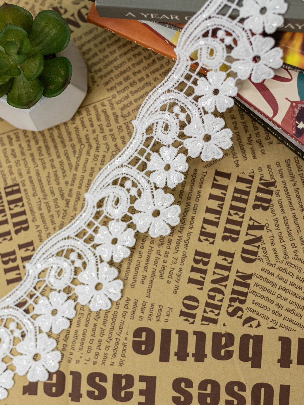 GPO Lace - Hanging Daisy Floral Motifs & Sequin Highlights  (Width - 2.5 Inch )