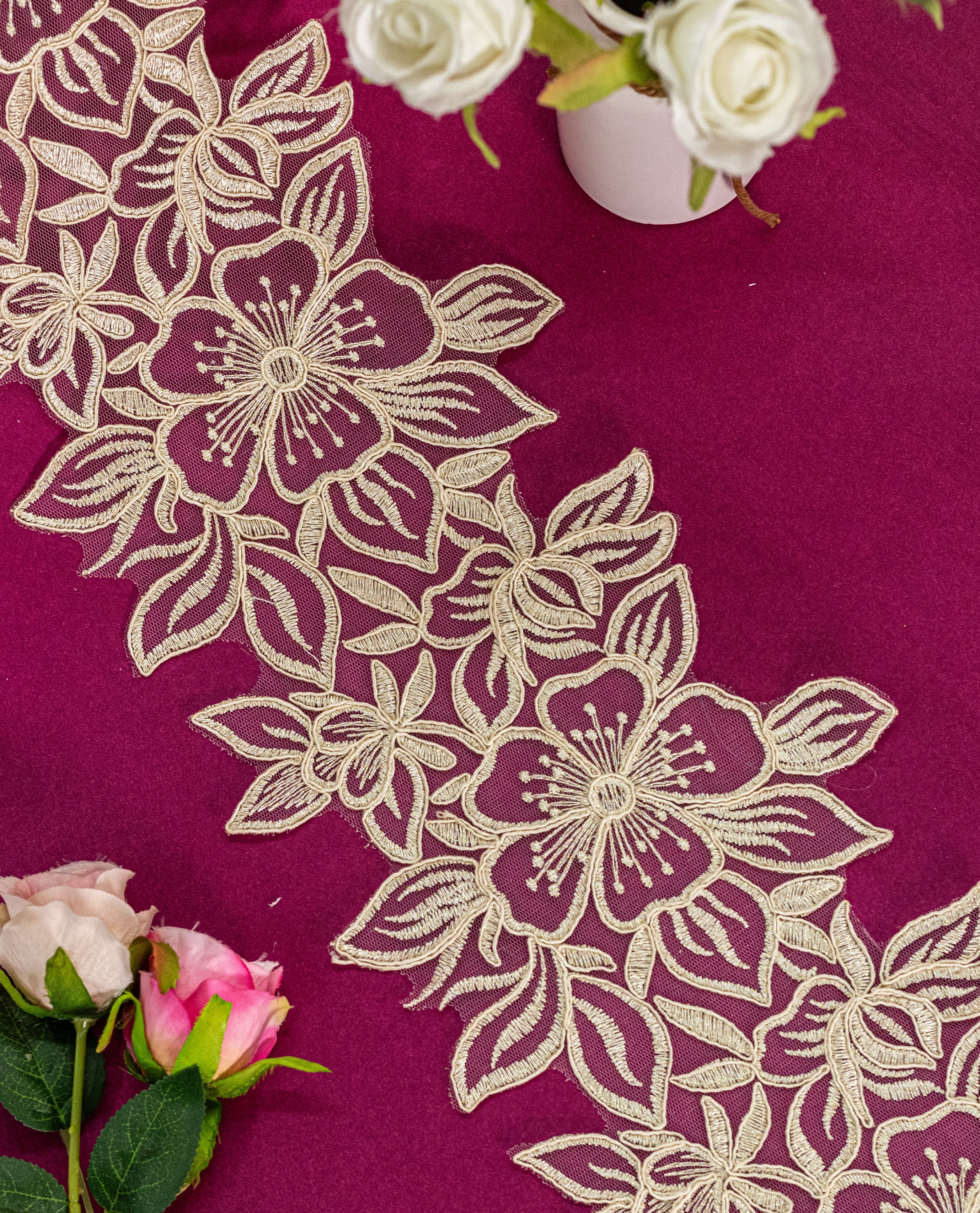 Gold Lace - Dull Gold Floral Embroidered Net Lace Border (Width -