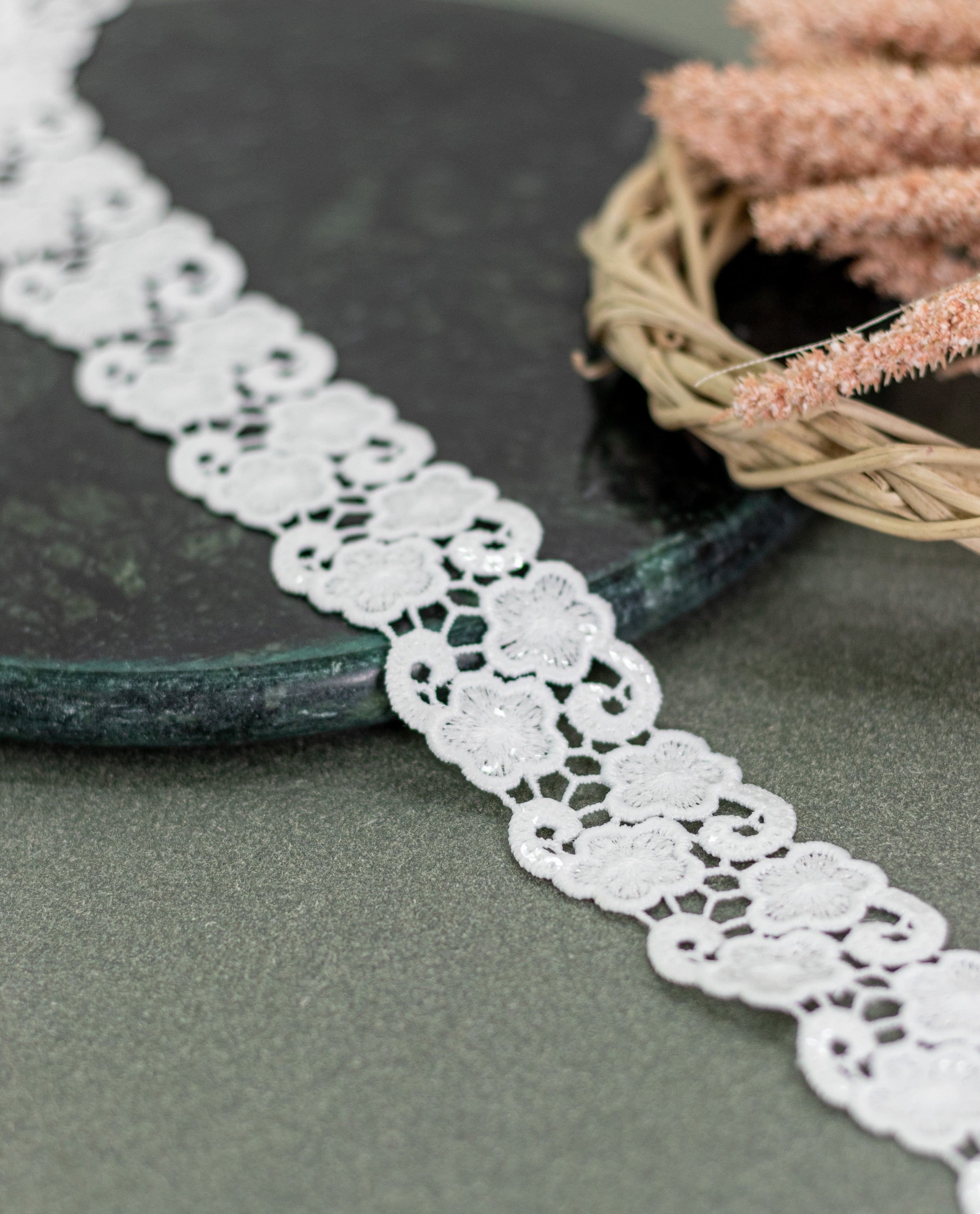 GPO Lace - Five-Petal Floral & Swirl Sequin Detailing (Width - 1.5 Inch)