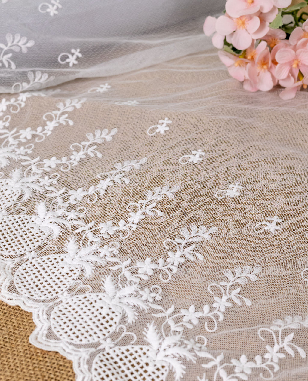 Net Lace - Elegant White Floral Net Embroidered Scallop Lace Fabric(Width - 17 inch)
