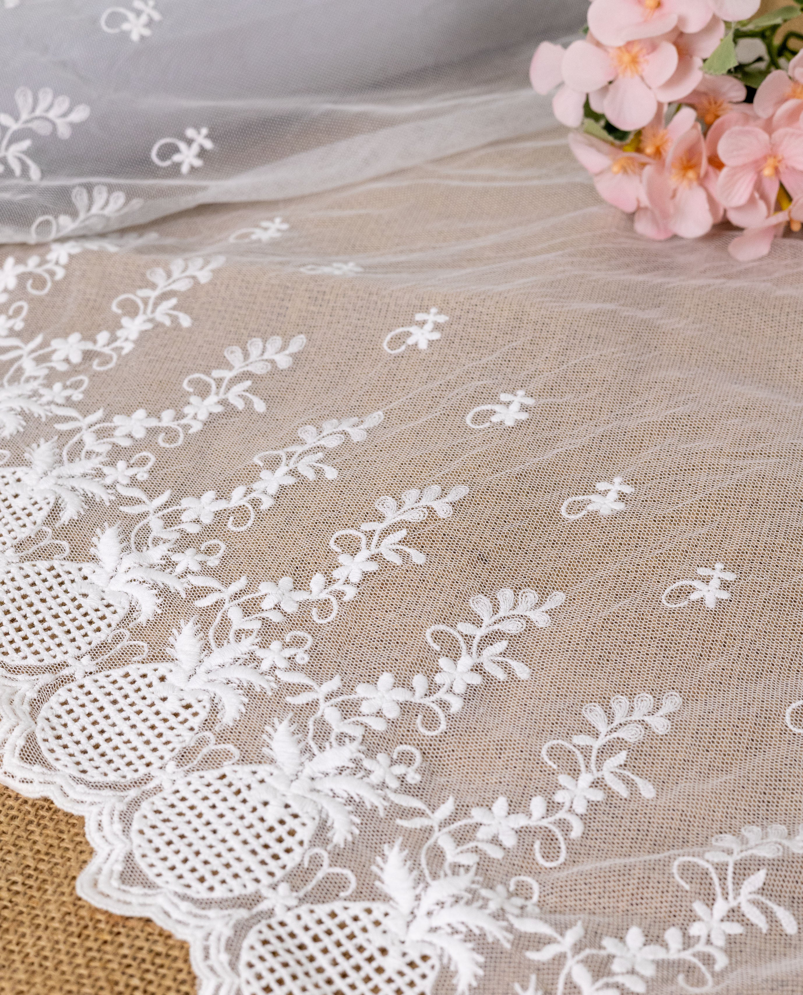 Net Lace - Elegant White Floral Net Embroidered Scallop Lace Fabric(Width - 17 inch)