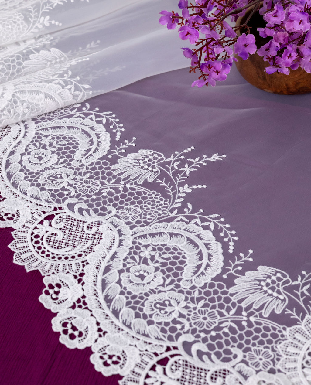 Organza Lace - Royal White Floral Organza Embroidered Lace Border (Width - 13 inch)